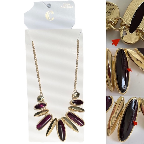 Charming Charlie Dark Purple & Gold-Tone Stone Necklace NWT - Picture 1 of 13